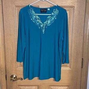 Bob Mackie Teal Embellished V-Neck Top Large